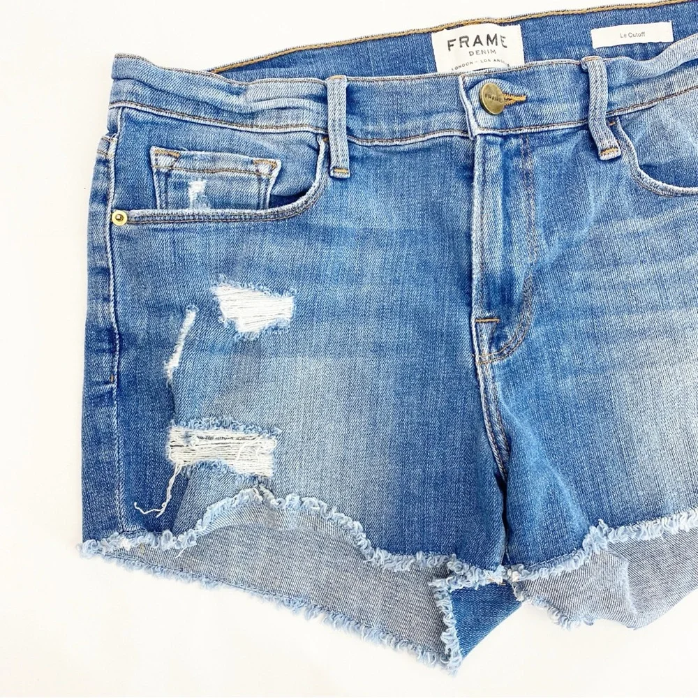 Frame Denim Le Cutoff Denim Jean Shorts Distressed Oxnard Blue Light Wash